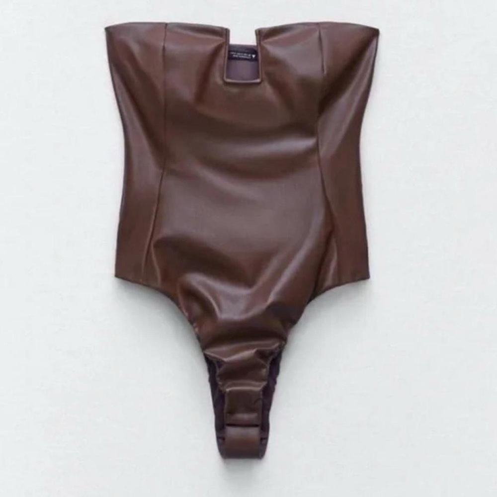 NWT Zara Blogger's Favorite Brown Faux Plunge V Neckline Leather Bodysuit XS